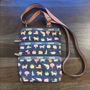 Lesportsac 3 zipper Crossbody Bag Dogs Cats Animals Fruit Print Purse small flaw